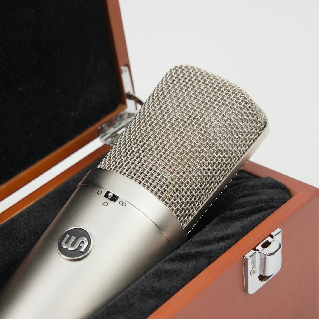 Close-up of a podcast microphone in a studio