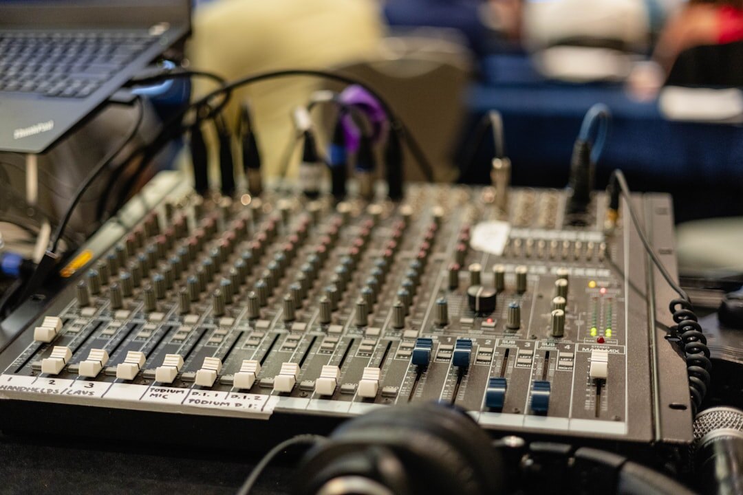 Podcast recording setup with microphones and mixing console